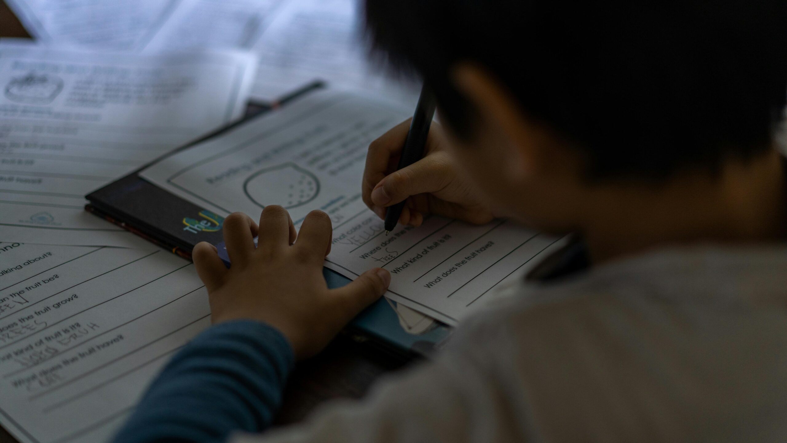 Young child focused on writing homework indoors. Educational and learning concept.